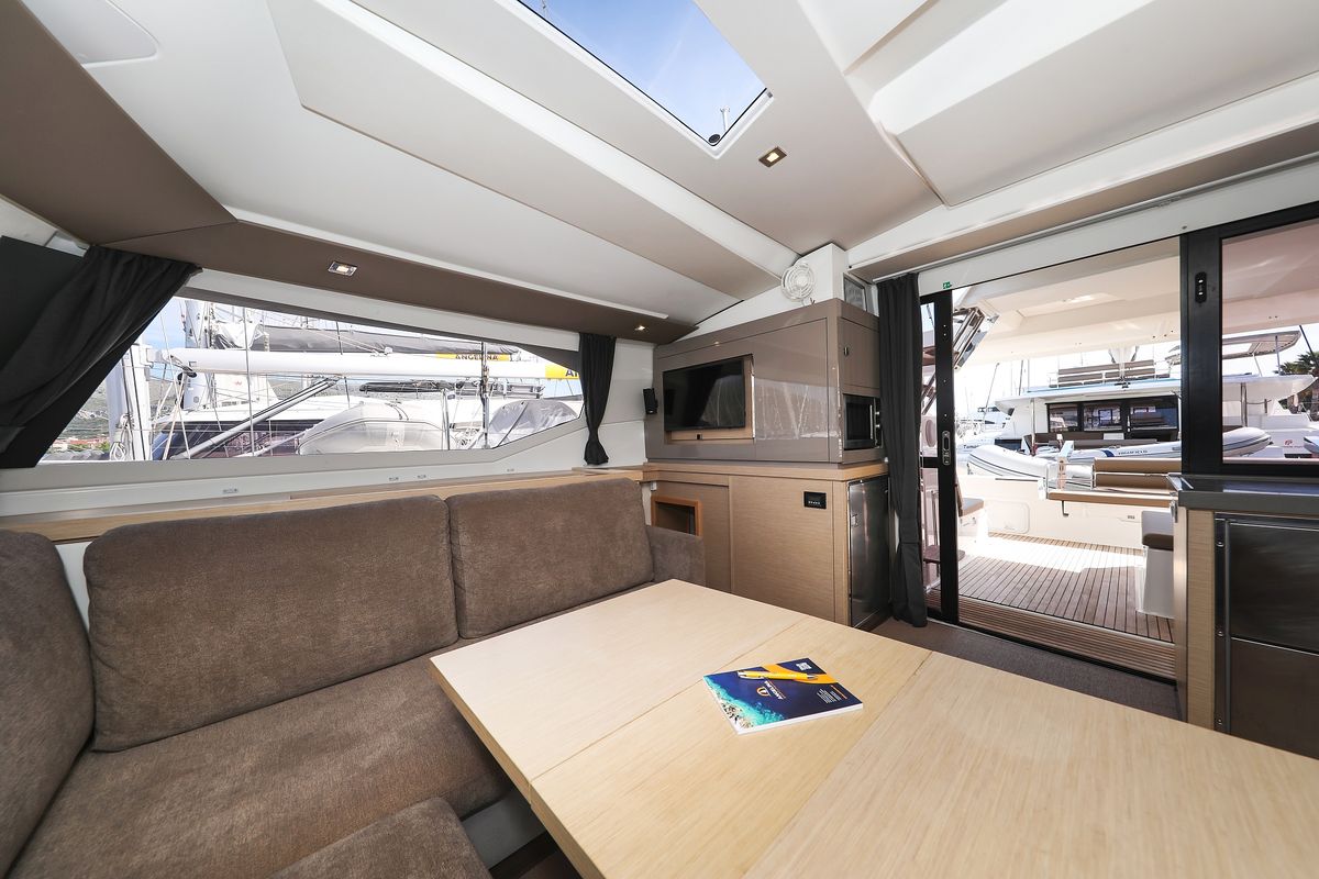 Salon of Tamara V, a Fountaine Pajot Saona 47 Quintet catamaran at Grad Trogir, Croatia
