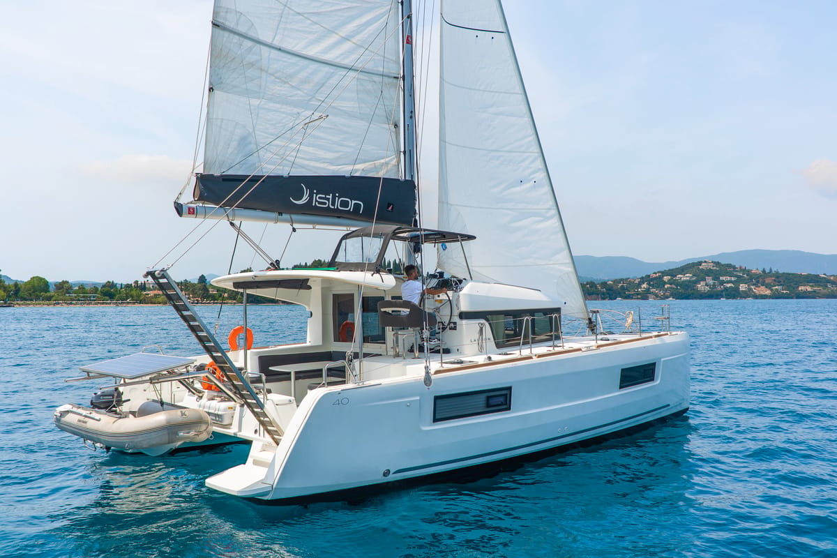 Exterior view of Thalasea, a Lagoon 40 catamaran at Gouvia, Greece
