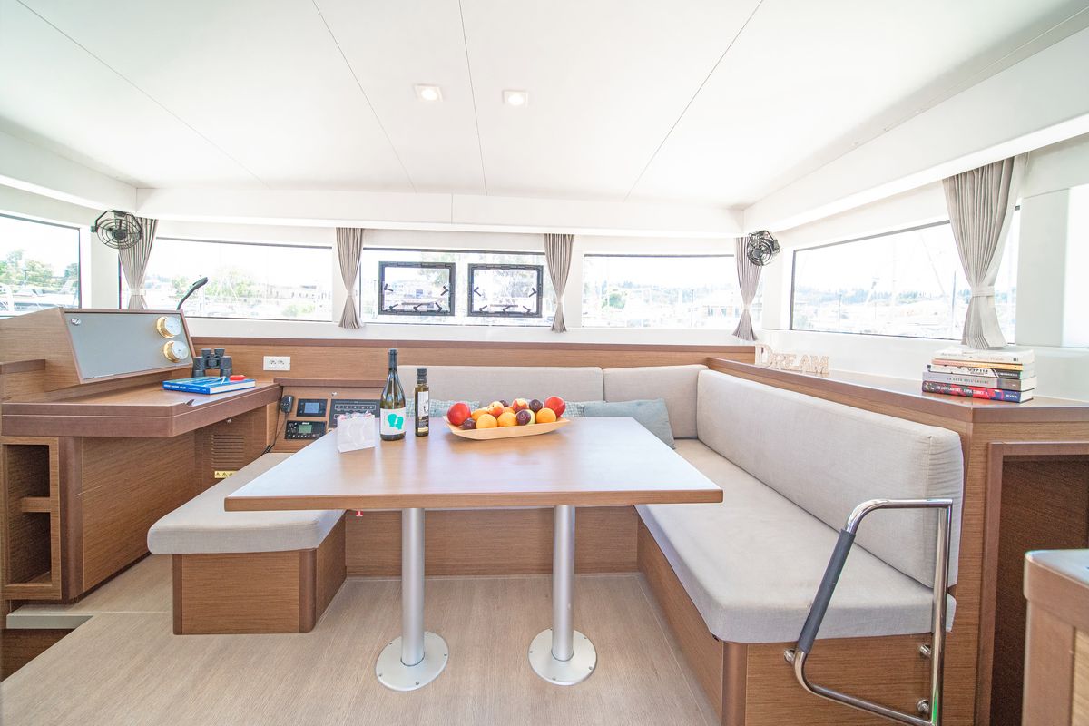Salon of Thalasea, a Lagoon 40 catamaran at Gouvia, Greece
