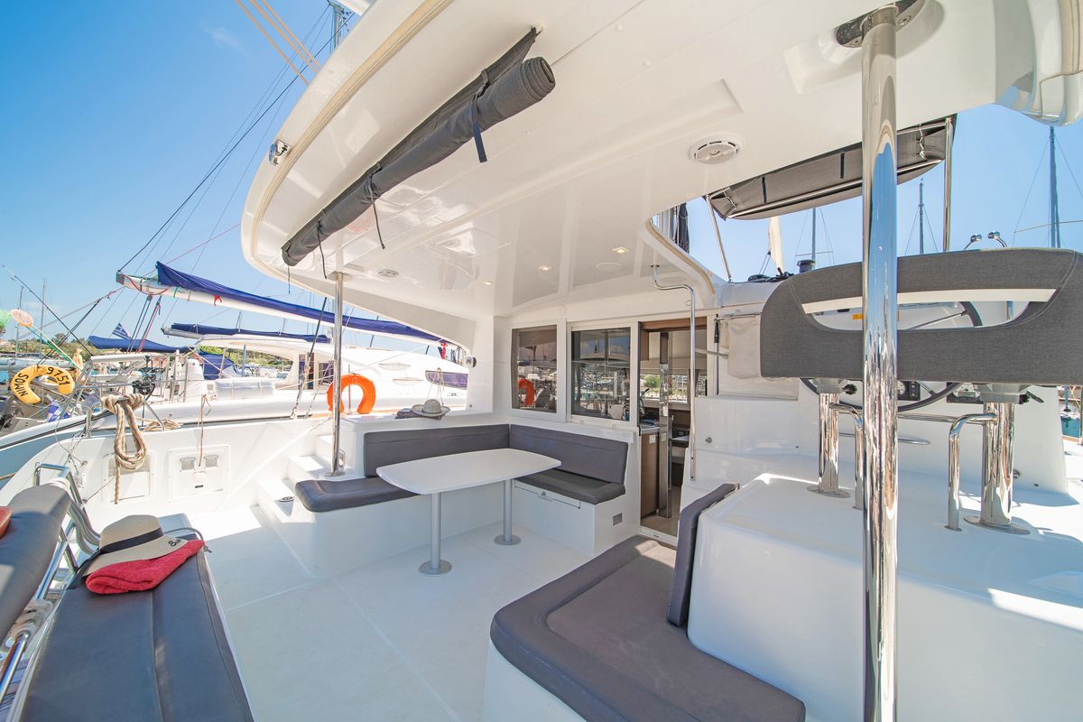 Deck of Thalasea, a Lagoon 40 catamaran at Gouvia, Greece