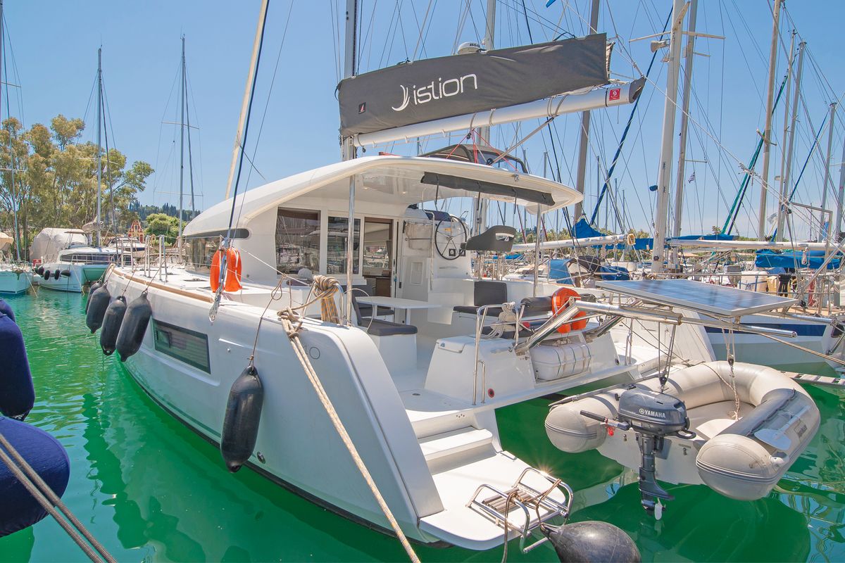 Exterior view of Thalasea, a Lagoon 40 catamaran at Gouvia, Greece