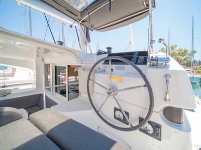 Cockpit of Thalasea, a Lagoon 40 catamaran at Gouvia, Greece