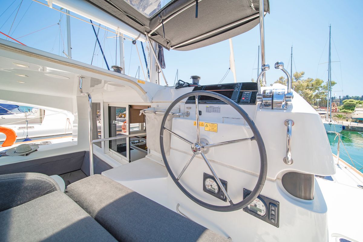 Cockpit of Thalasea, a Lagoon 40 catamaran at Gouvia, Greece
