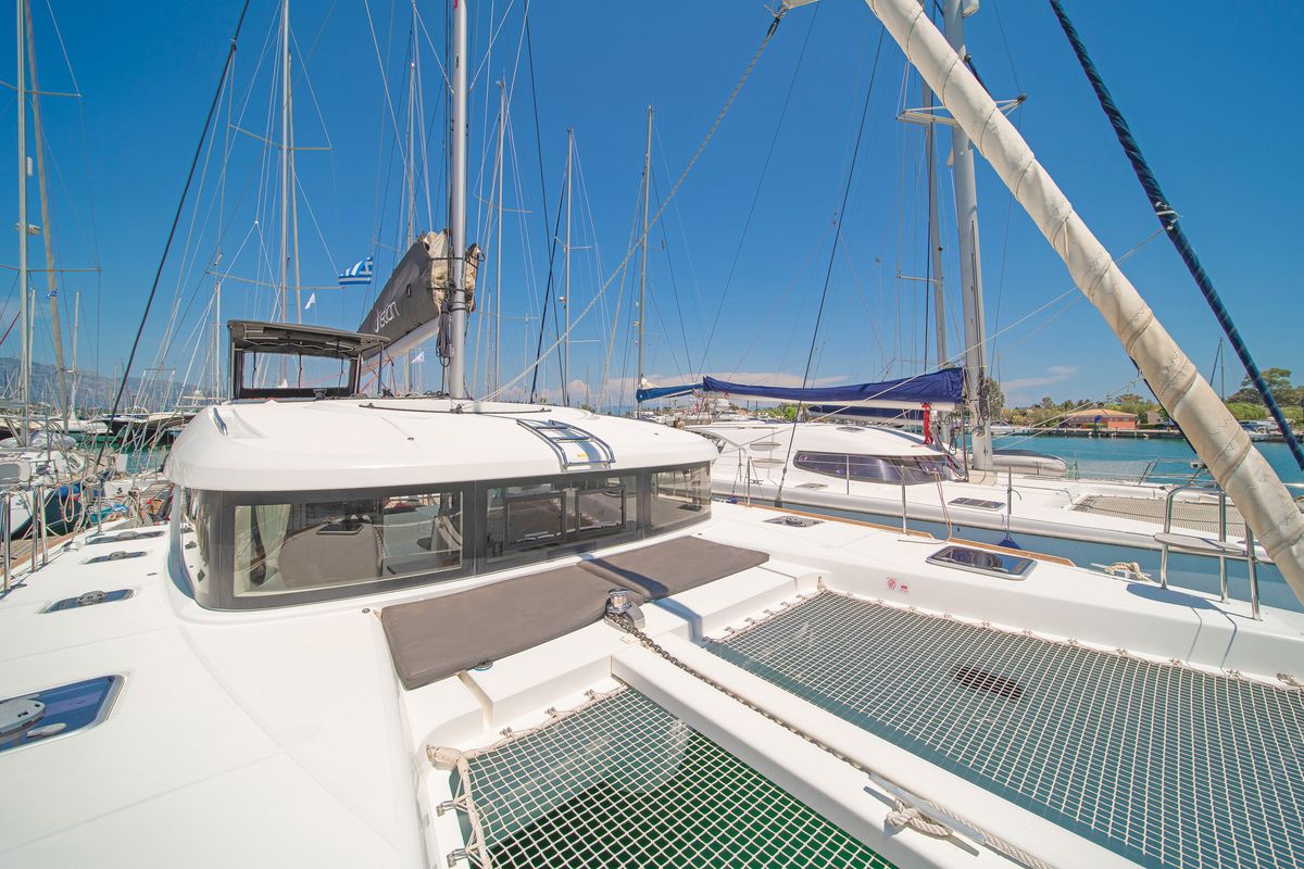 Deck of Thalasea, a Lagoon 40 catamaran at Gouvia, Greece