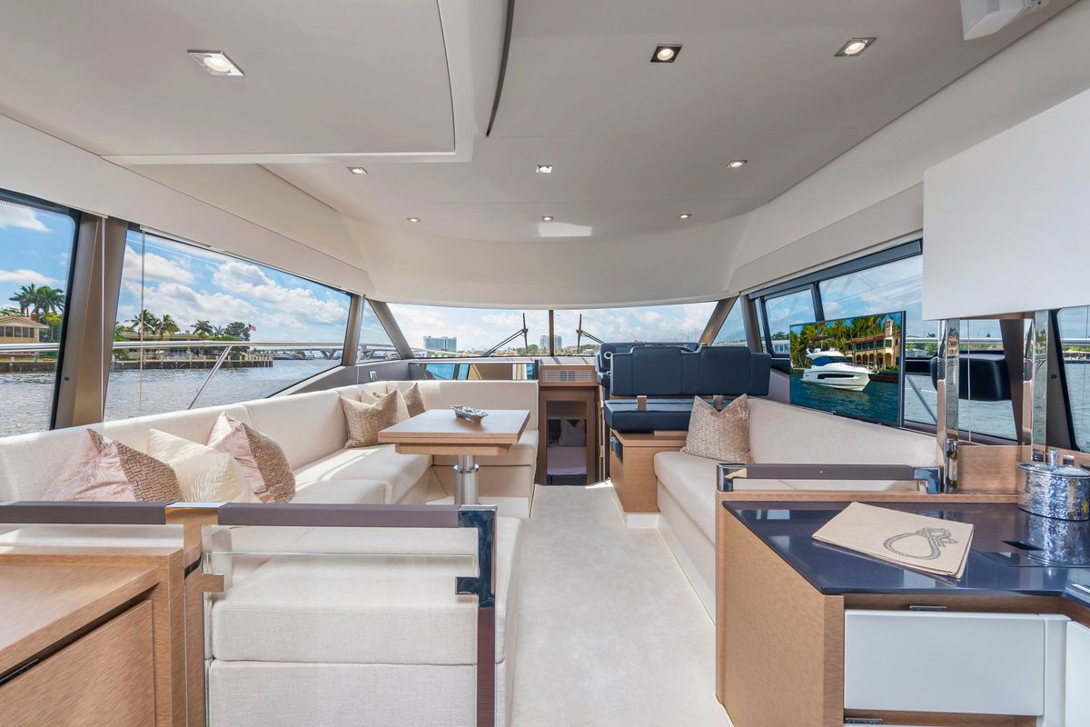 Salon of ALuMa D.B., a Prestige 460 motorboat at Castellammare di Stabia, Italy