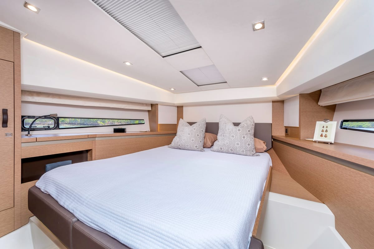 Cabin on ALuMa D.B., a Prestige 460 motorboat at Castellammare di Stabia, Italy