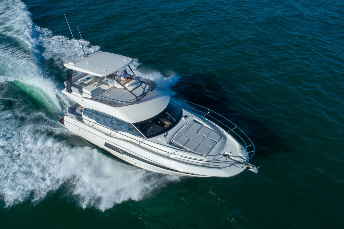 Exterior view of ALuMa D.B., a Prestige 460 motorboat at Castellammare di Stabia, Italy