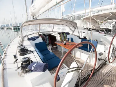Cockpit of CHARYBDIS, a Beneteau First 45 sailboat at Grad Kaštela, Croatia