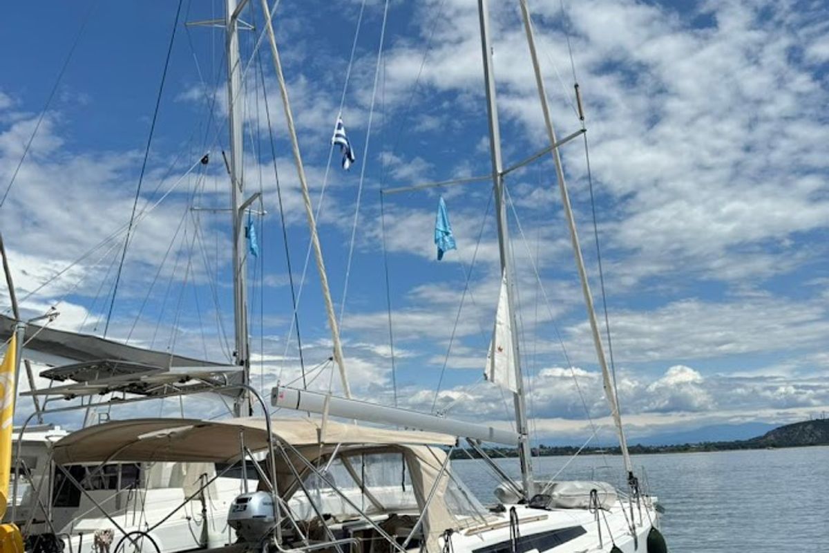Deck of Theodora, a Dufour 390 sailboat at Preveza, Greece