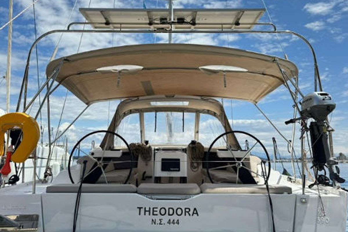 Cockpit of Theodora, a Dufour 390 sailboat at Preveza, Greece