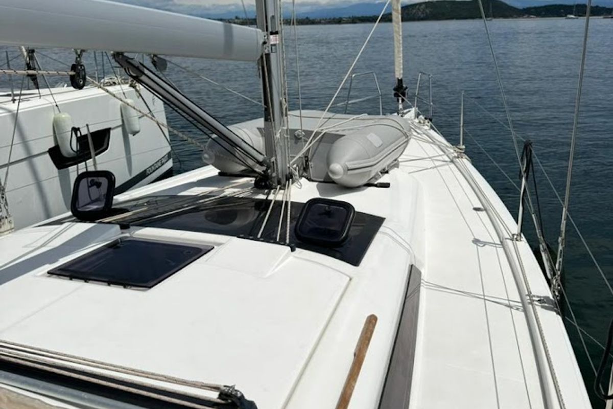 Deck of Theodora, a Dufour 390 sailboat at Preveza, Greece