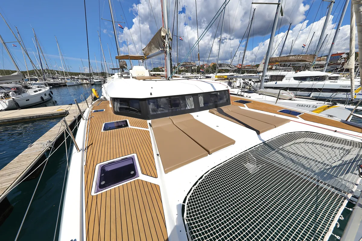 Deck of Be Mine, a Dufour 48 Catamaran catamaran at Općina Rogoznica, Croatia