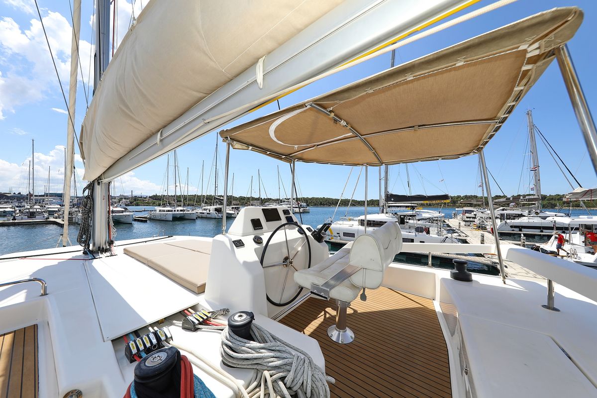 Cockpit of Be Mine, a Dufour 48 Catamaran catamaran at Općina Rogoznica, Croatia