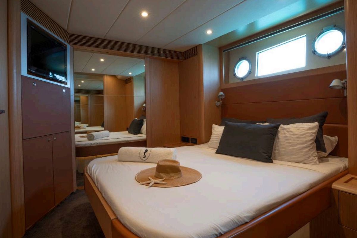 Cabin on Headquarters, a Riva 63 Virtus yacht at Palma de Mallorca, Spain