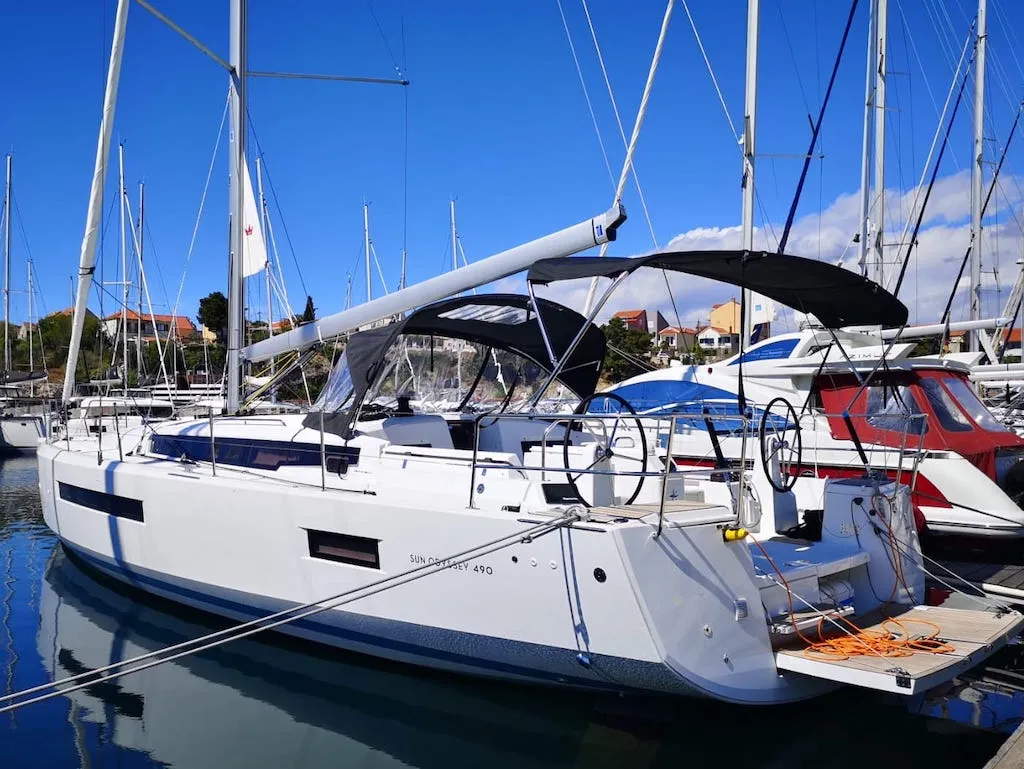 Exterior view of PERSIK, a Jeanneau Sun Odyssey 490 sailboat at Grad Šibenik, Croatia