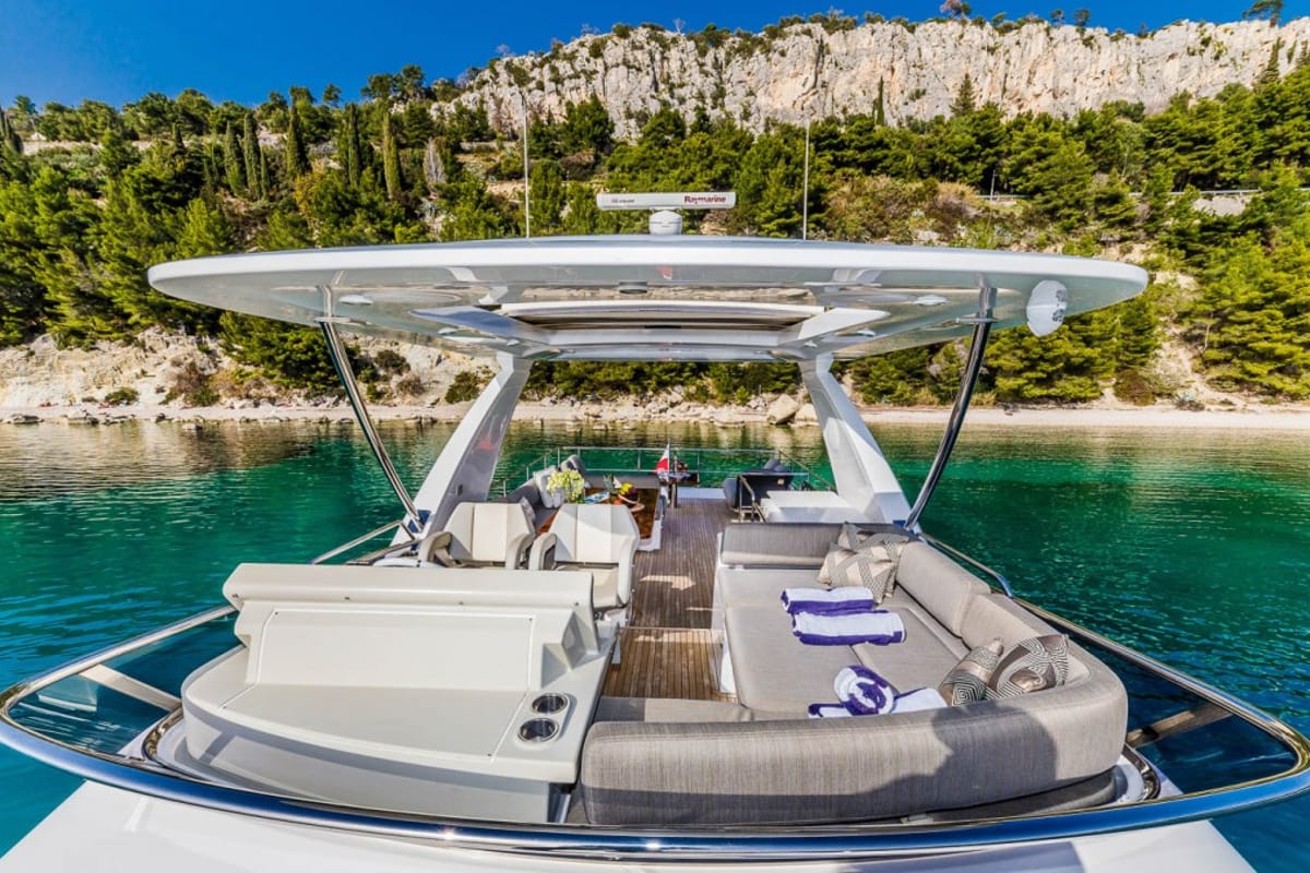 Deck of My Karat II, a Azimut 66 yacht at Grad Kaštela, Croatia