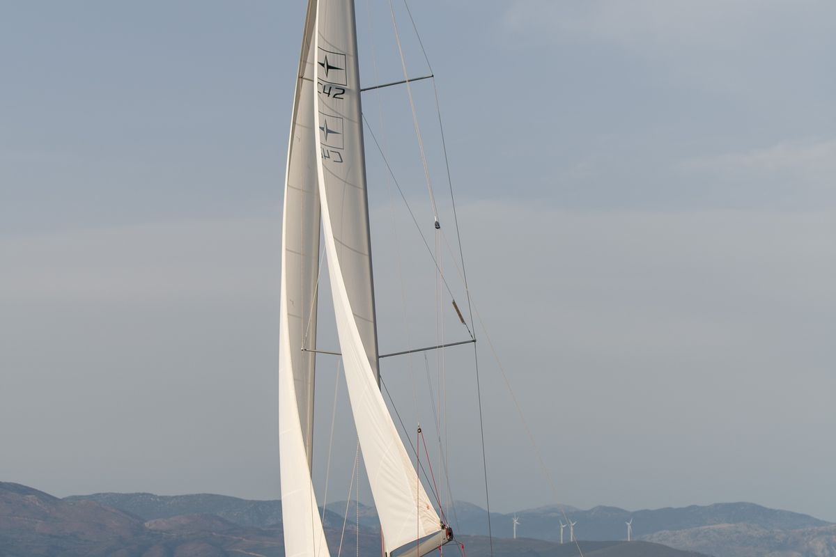 Exterior view of Karpouzi, a Bavaria C42 sailboat at Preveza, Greece