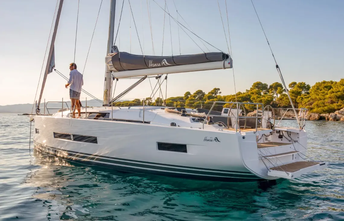Exterior view of Capi'10, a Hanse Yachts Hanse 410 sailboat at Marseille, France