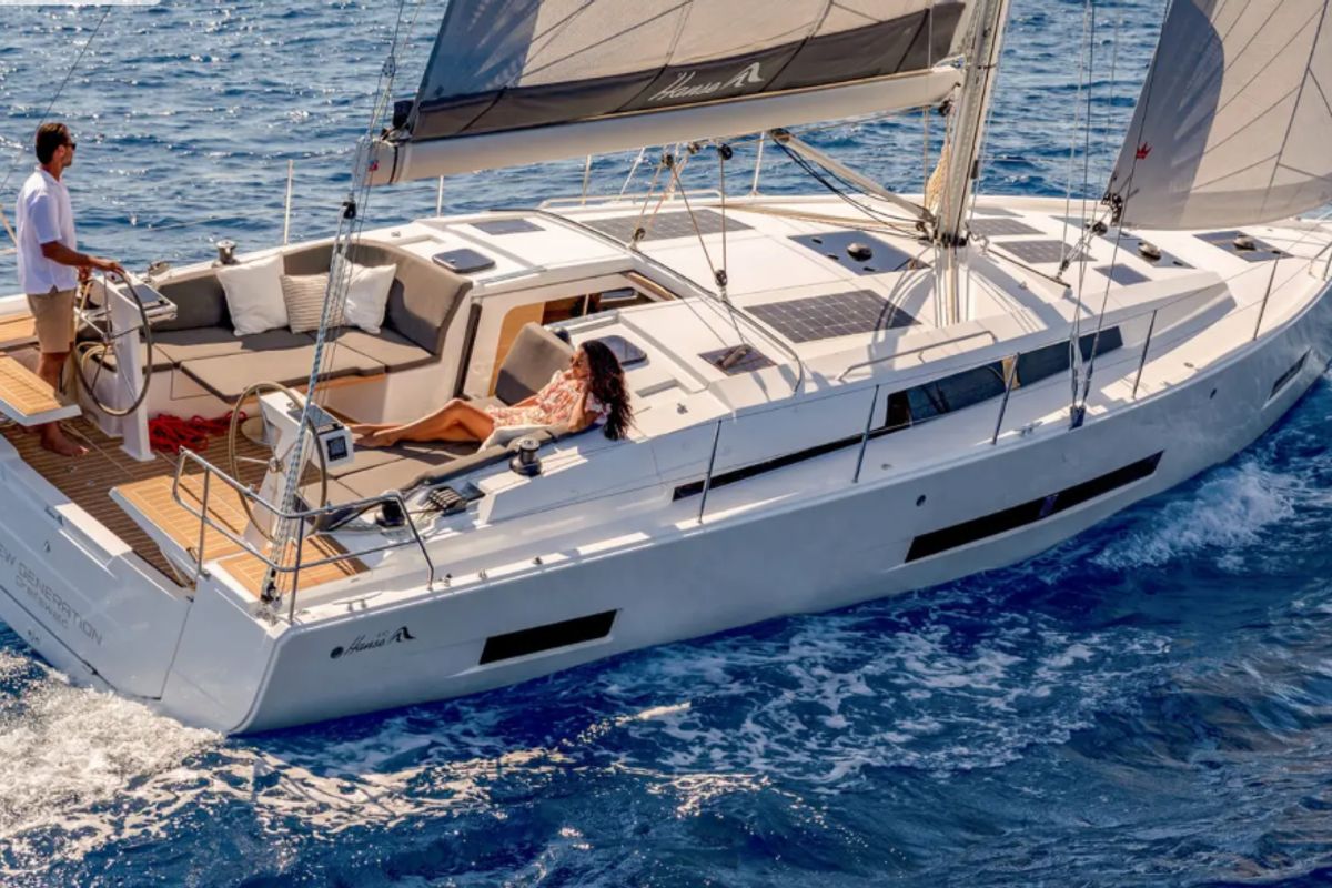 Exterior view of Capi'10, a Hanse Yachts Hanse 410 sailboat at Marseille, France