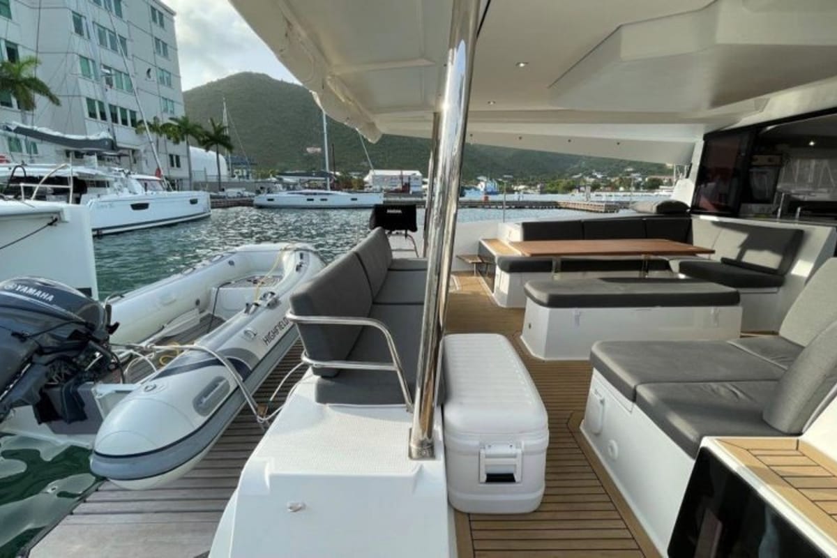 Deck of Ogibni, a Fountaine Pajot Elba 45 catamaran at Road Town, British Virgin Islands