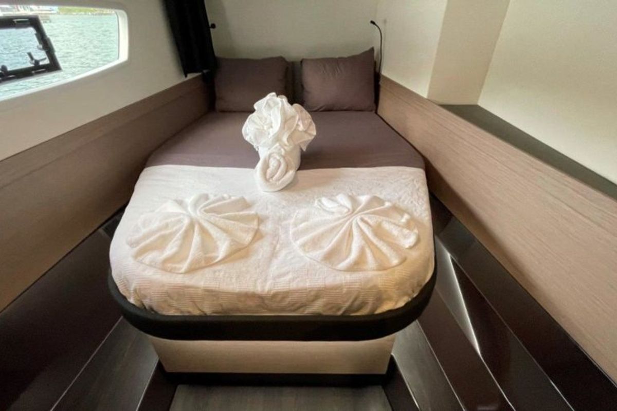 Cabin on Ogibni, a Fountaine Pajot Elba 45 catamaran at Road Town, British Virgin Islands