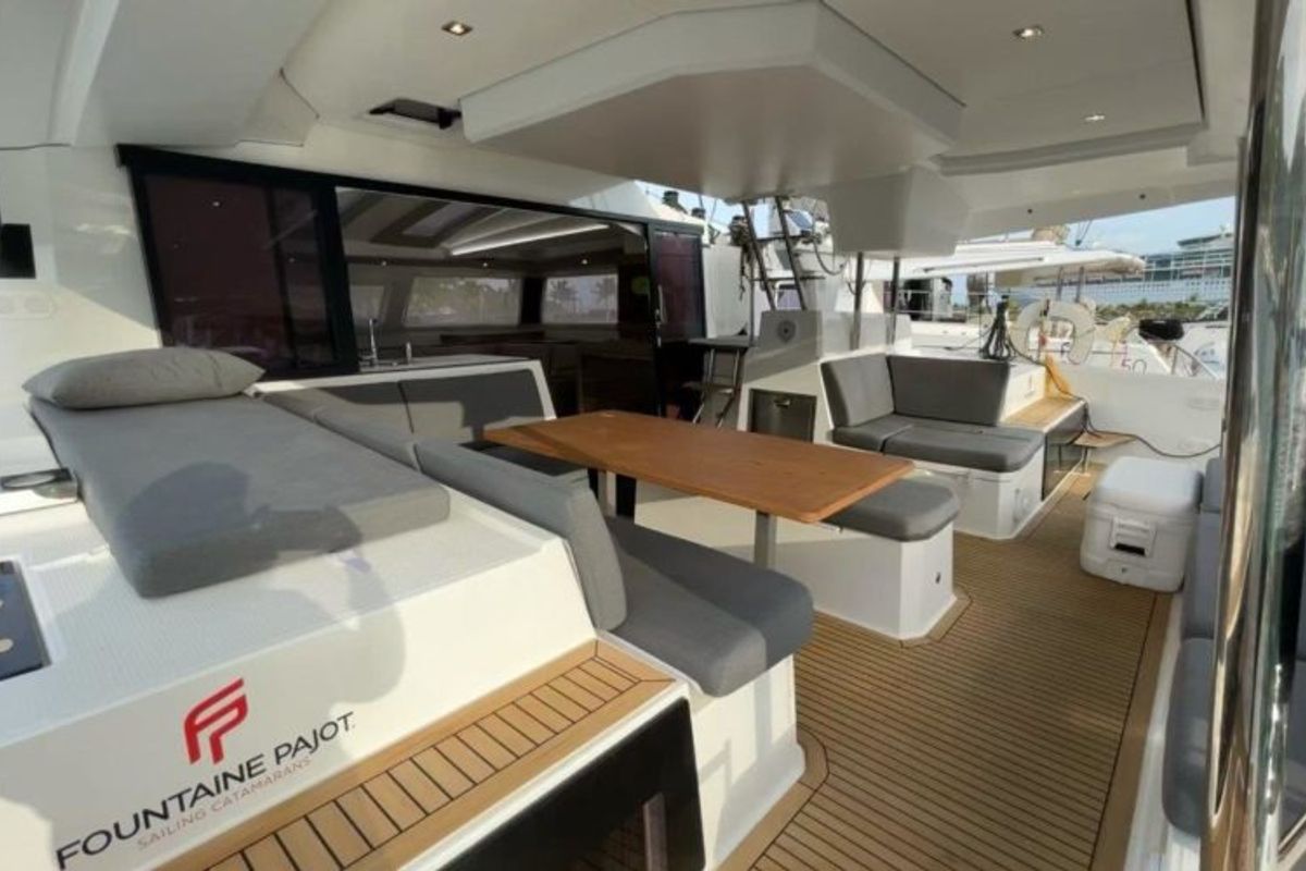 Deck of Ogibni, a Fountaine Pajot Elba 45 catamaran at Road Town, British Virgin Islands