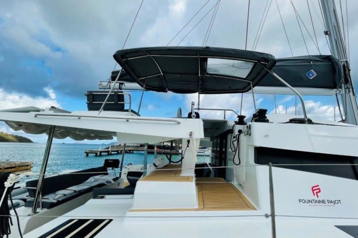 Exterior view of Ogibni, a Fountaine Pajot Elba 45 catamaran at Road Town, British Virgin Islands