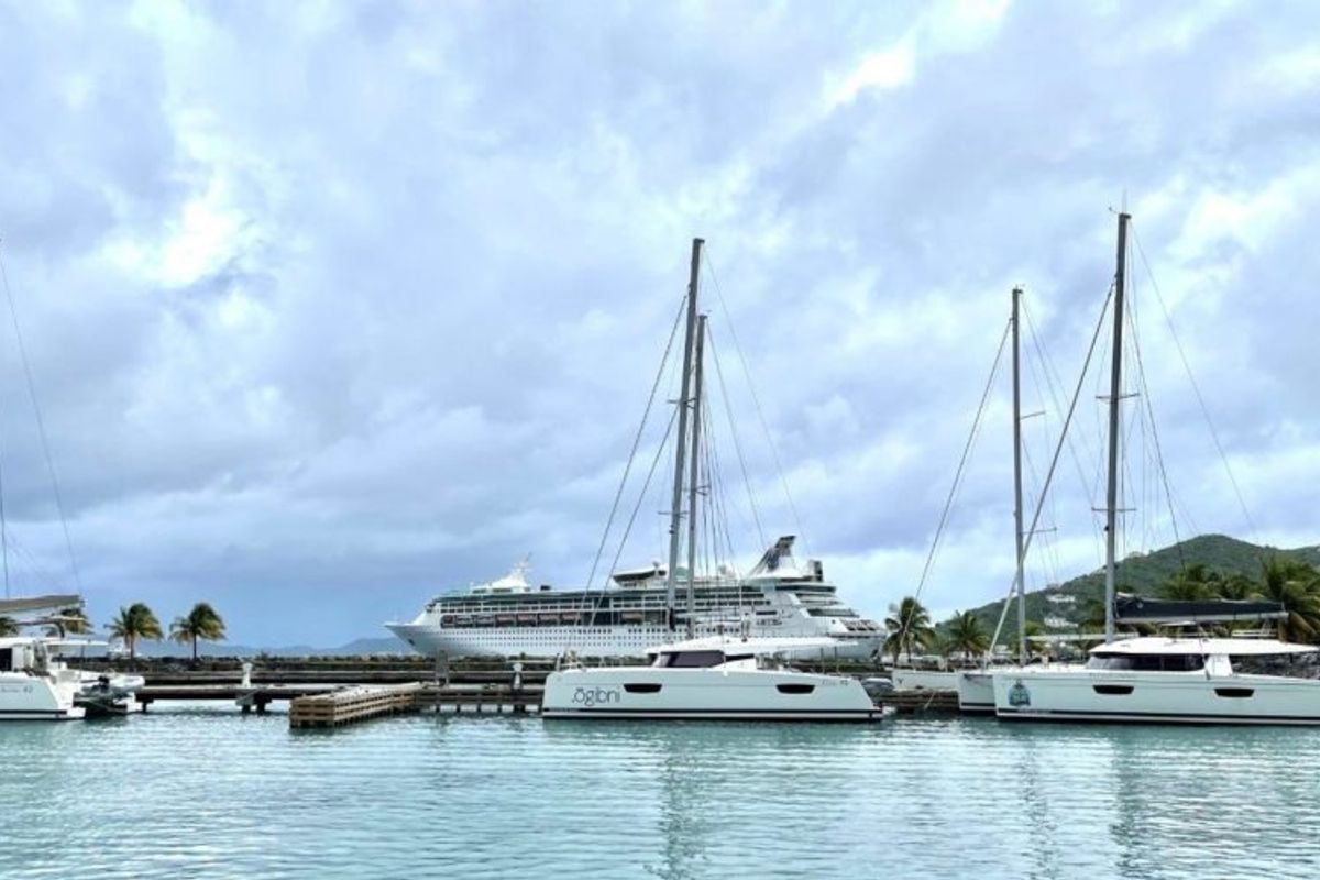 Exterior view of Ogibni, a Fountaine Pajot Elba 45 catamaran at Road Town, British Virgin Islands