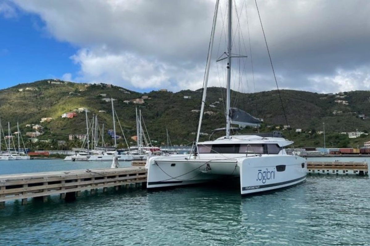 Exterior view of Ogibni, a Fountaine Pajot Elba 45 catamaran at Road Town, British Virgin Islands