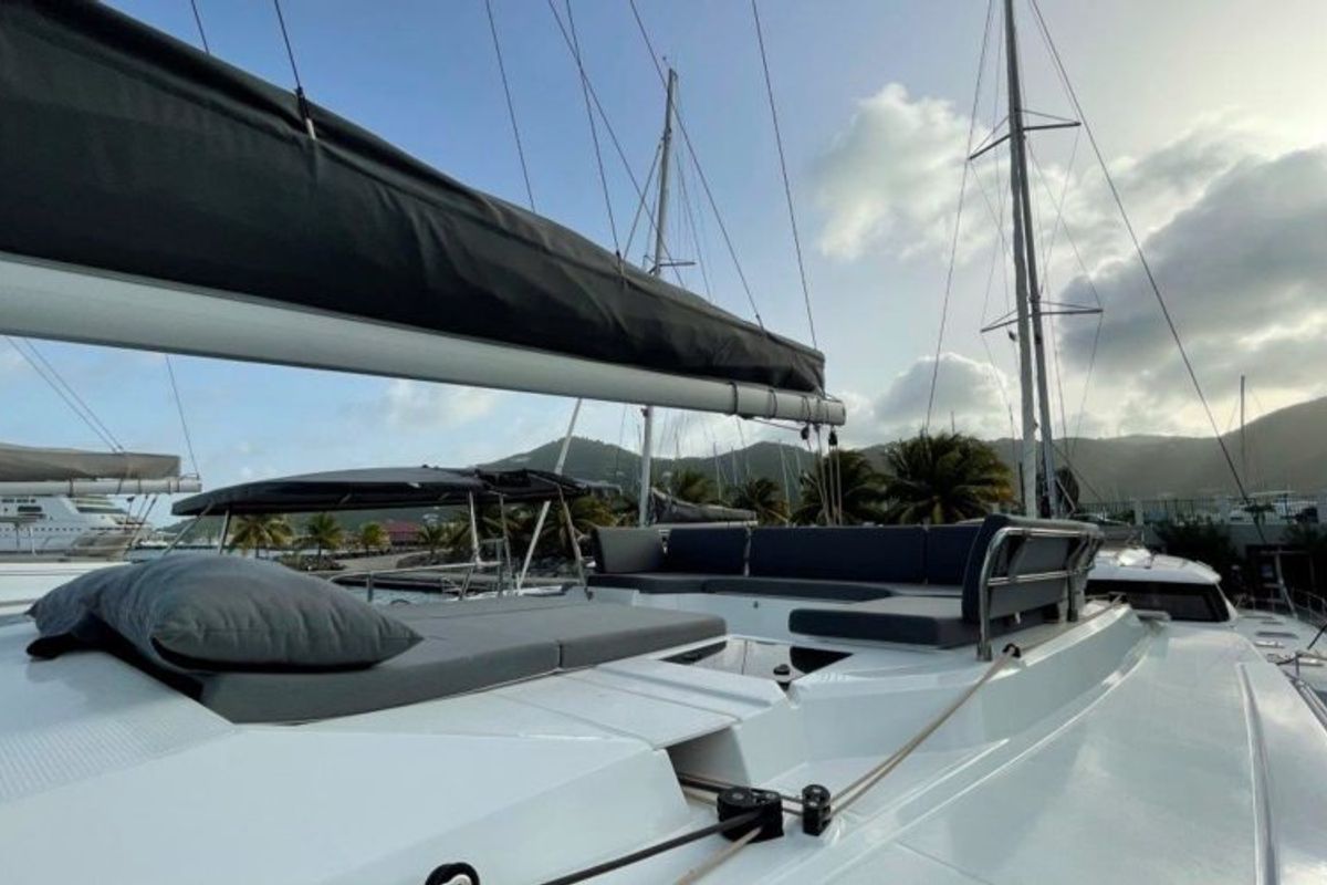 Deck of Ogibni, a Fountaine Pajot Elba 45 catamaran at Road Town, British Virgin Islands