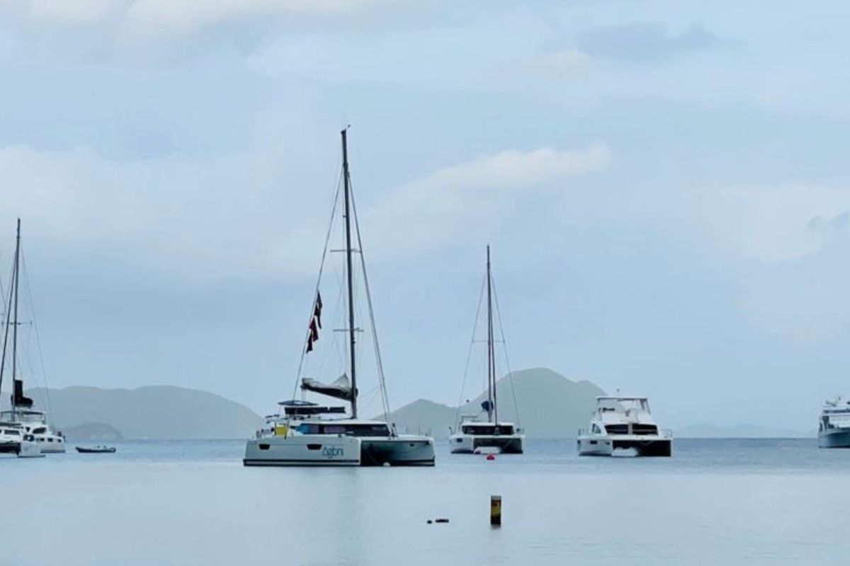 Exterior view of Ogibni, a Fountaine Pajot Elba 45 catamaran at Road Town, British Virgin Islands