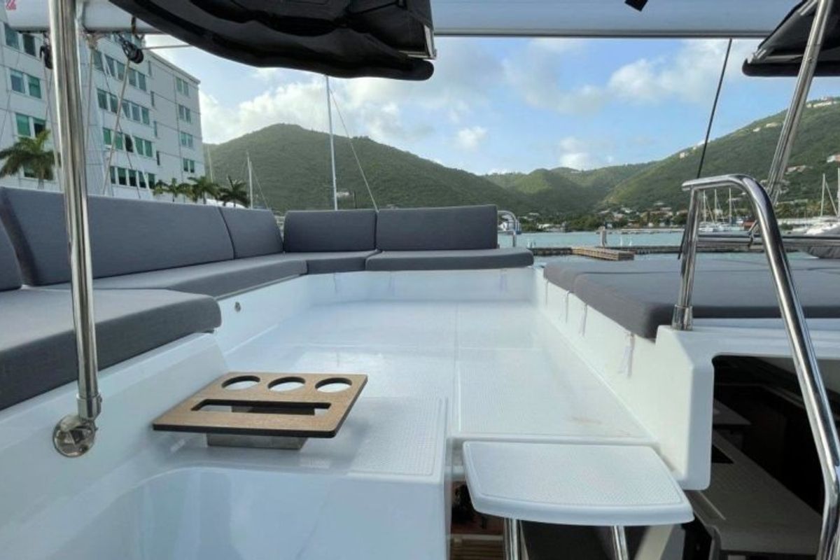 Deck of Ogibni, a Fountaine Pajot Elba 45 catamaran at Road Town, British Virgin Islands
