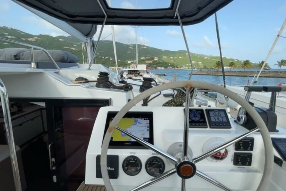 Cockpit of Ogibni, a Fountaine Pajot Elba 45 catamaran at Road Town, British Virgin Islands