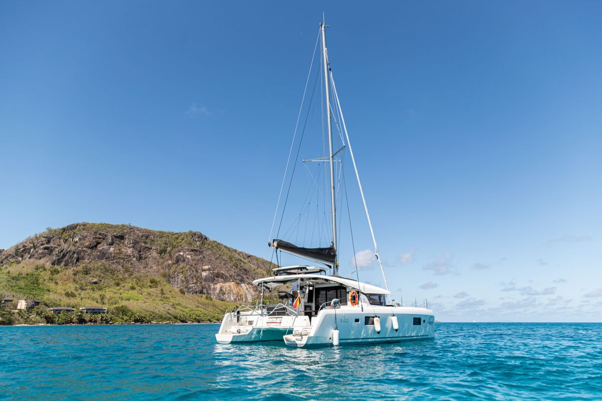 Exterior view of Vanessa, a Lagoon 42 catamaran at Eden Island Marina, Seychelles