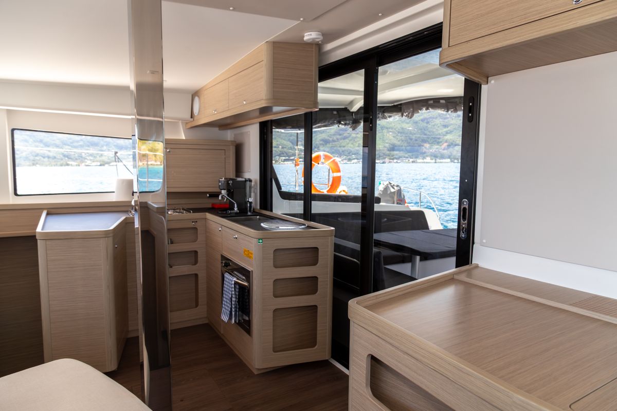 Galley of Vanessa, a Lagoon 42 catamaran at Eden Island Marina, Seychelles