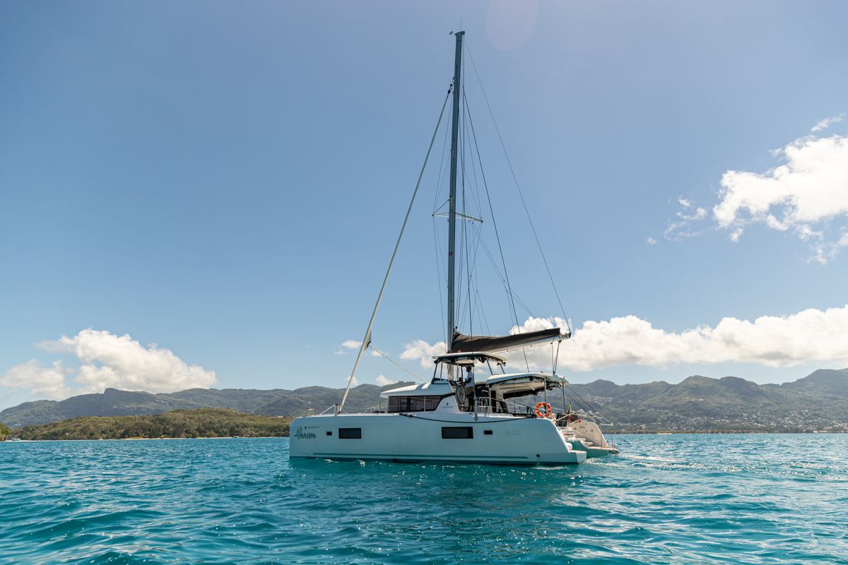 Exterior view of Vanessa, a Lagoon 42 catamaran at Eden Island Marina, Seychelles