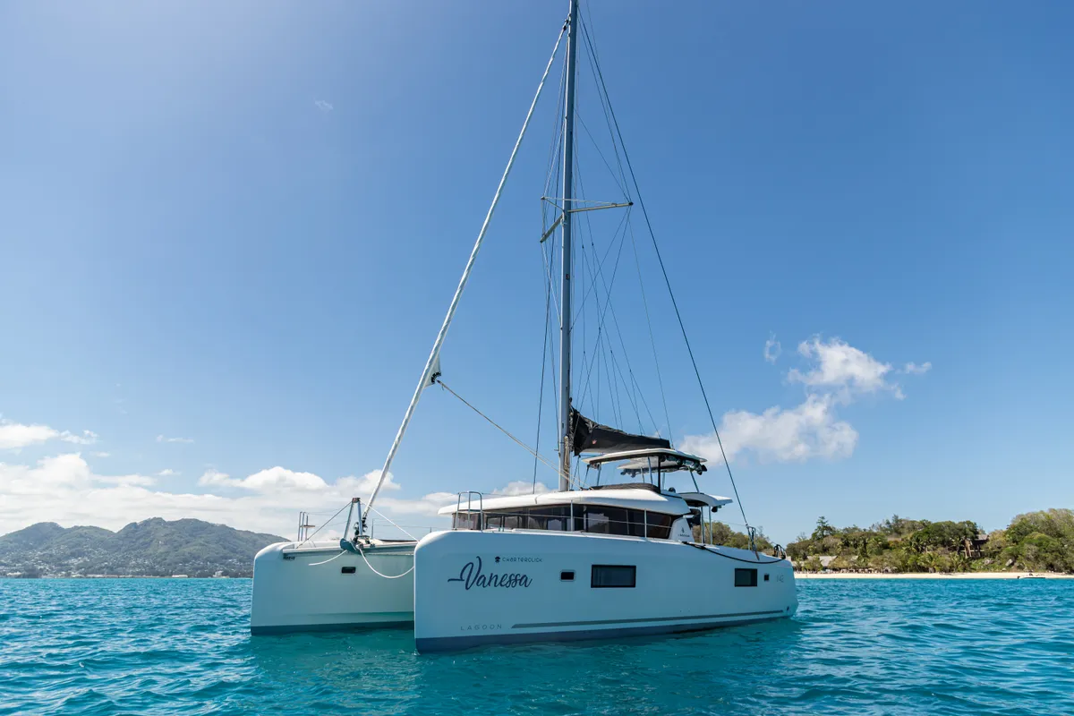 Exterior view of Vanessa, a Lagoon 42 catamaran at Eden Island Marina, Seychelles