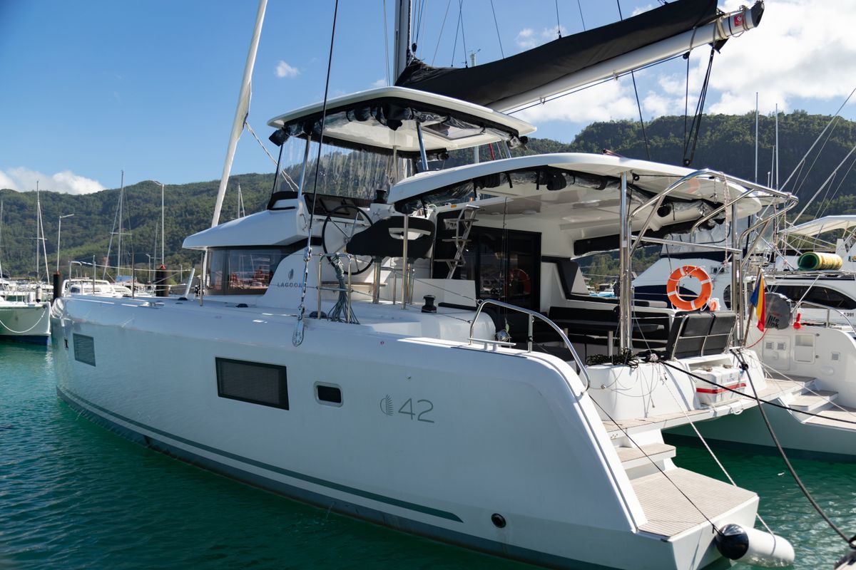 Exterior view of Vanessa, a Lagoon 42 catamaran at Eden Island Marina, Seychelles