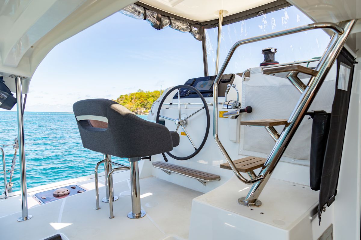 Cockpit of Vanessa, a Lagoon 42 catamaran at Eden Island Marina, Seychelles