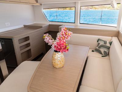 Salon of Vanessa, a Lagoon 42 catamaran at Eden Island Marina, Seychelles