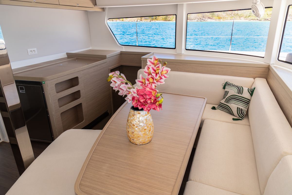 Salon of Vanessa, a Lagoon 42 catamaran at Eden Island Marina, Seychelles