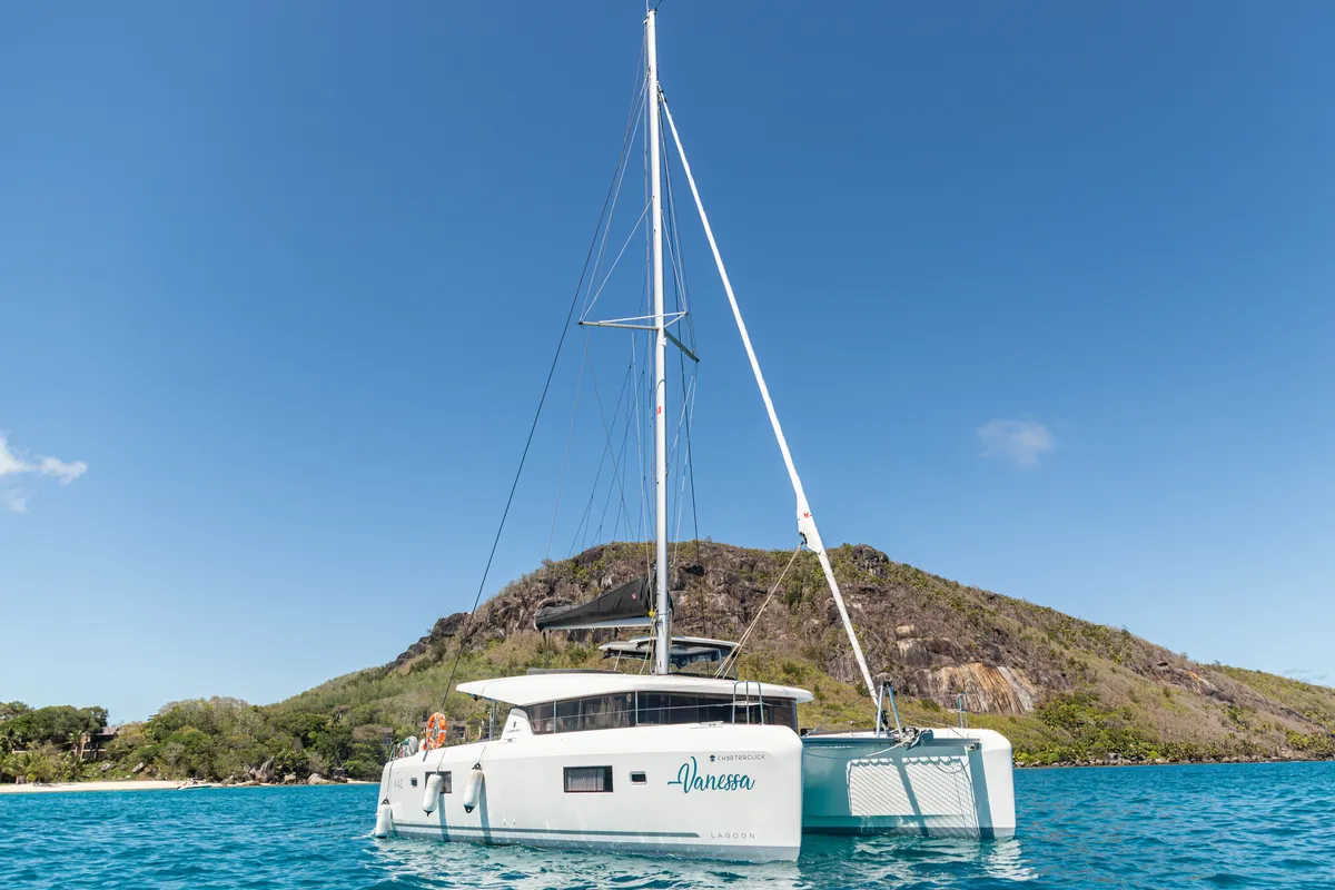 Exterior view of Vanessa, a Lagoon 42 catamaran at Eden Island Marina, Seychelles