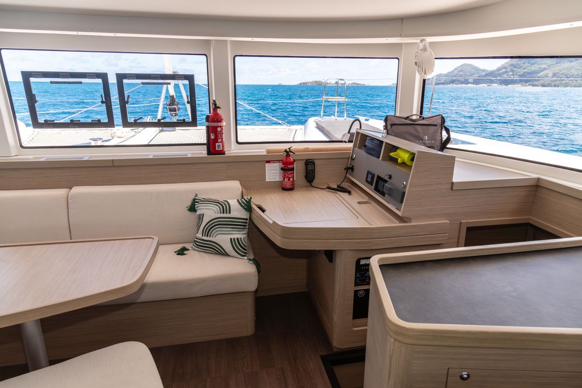 Salon of Vanessa, a Lagoon 42 catamaran at Eden Island Marina, Seychelles