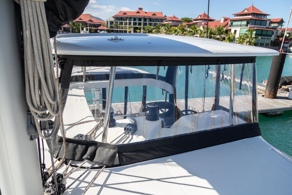 Cockpit of Vanessa, a Lagoon 42 catamaran at Eden Island Marina, Seychelles