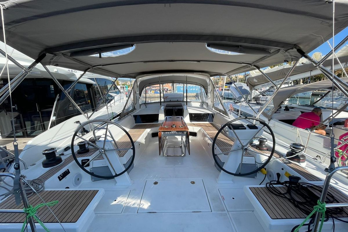 Cockpit of Mary-Anne, a Beneteau Oceanis 51.1 sailboat at es Jonquet, Spain