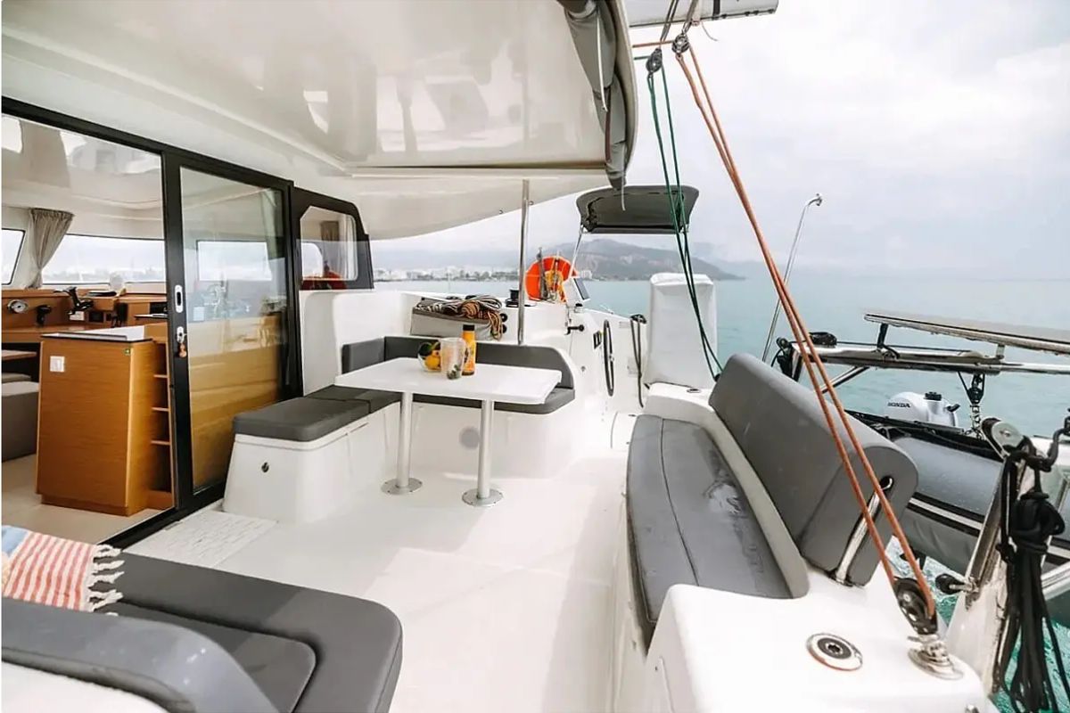 Cockpit of Lydia, a Excess 11 catamaran at Municipal Unit of Lefkada, Greece