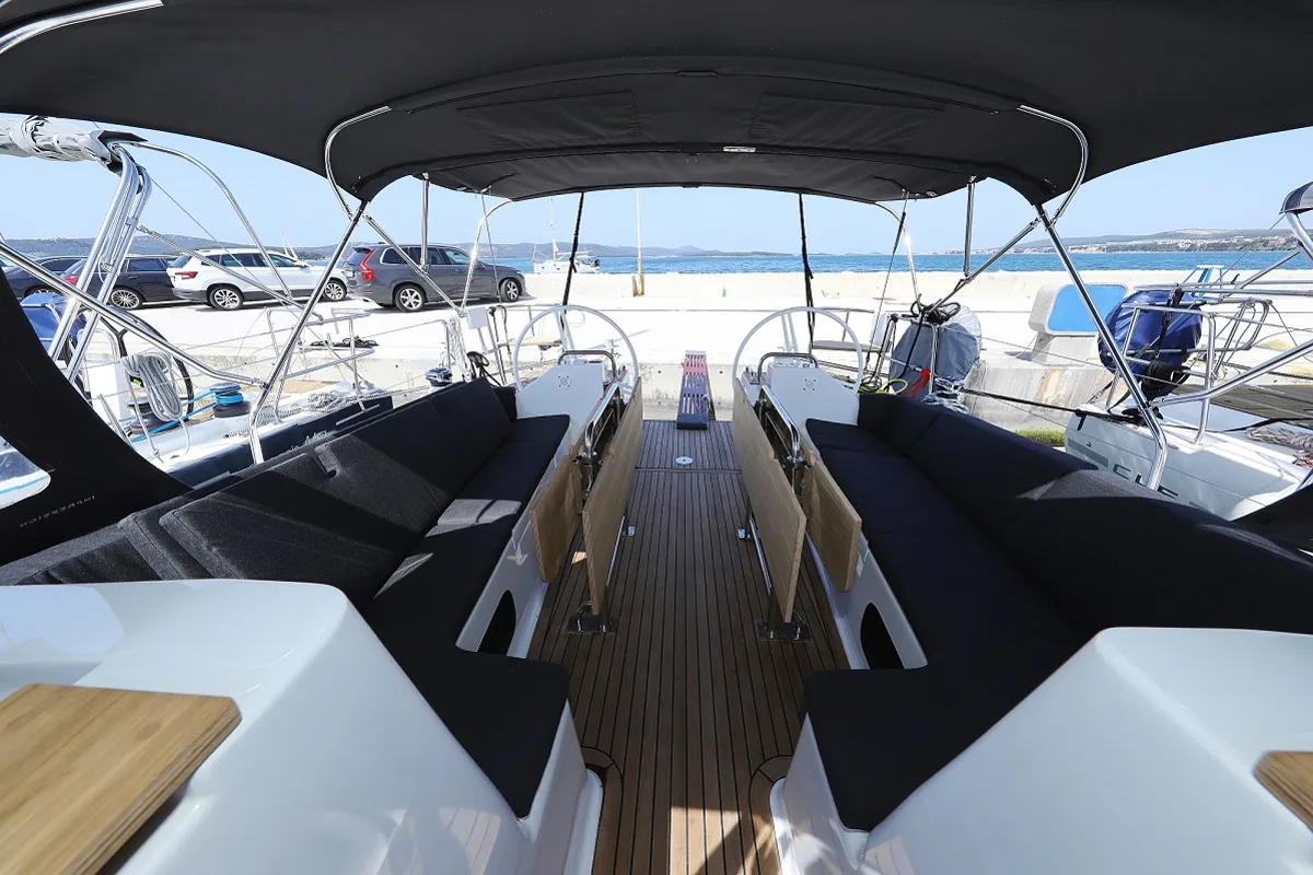 Cockpit of Jackpot, a Elan Impression 45.1 sailboat at Grad Biograd na Moru, Croatia