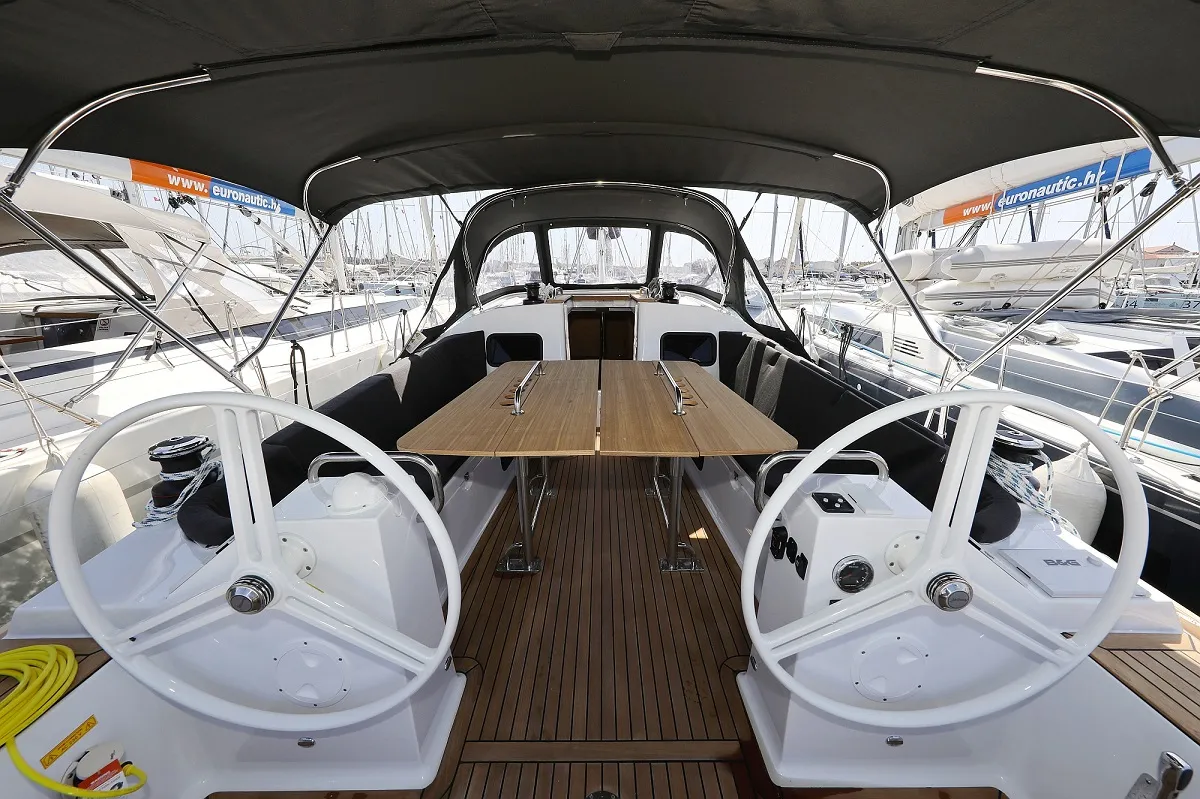 Cockpit of Jackpot, a Elan Impression 45.1 sailboat at Grad Biograd na Moru, Croatia