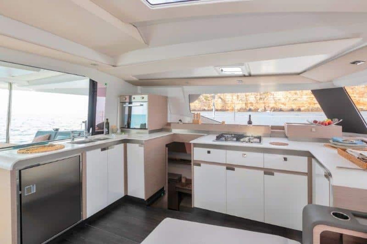Galley of Our Dream, a Fountaine Pajot Elba 45 catamaran at es Jonquet, Spain
