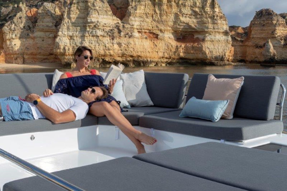 Deck of Our Dream, a Fountaine Pajot Elba 45 catamaran at es Jonquet, Spain